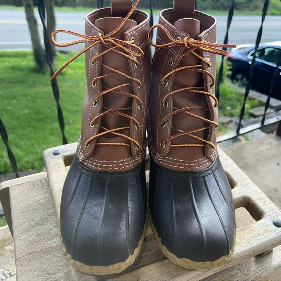 LL Bean Men’s 9M Duck Boots Tan Leather Brown Rubber 6 Eye Maine USA 8 Inch - Picture 3 of 11